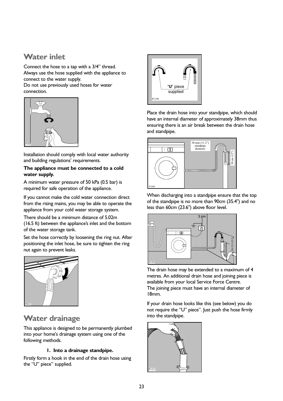 Water inlet, Water drainage | John Lewis JLWM1402 1400 User Manual | Page 23 / 26