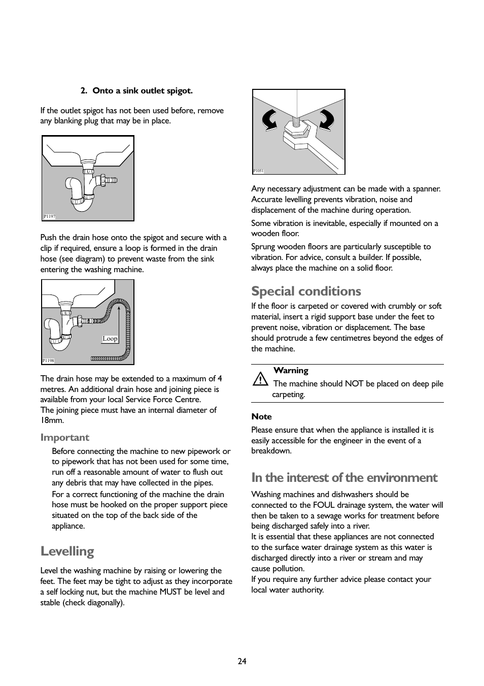 Levelling, Special conditions | John Lewis JLWM1402 1400 User Manual | Page 24 / 26