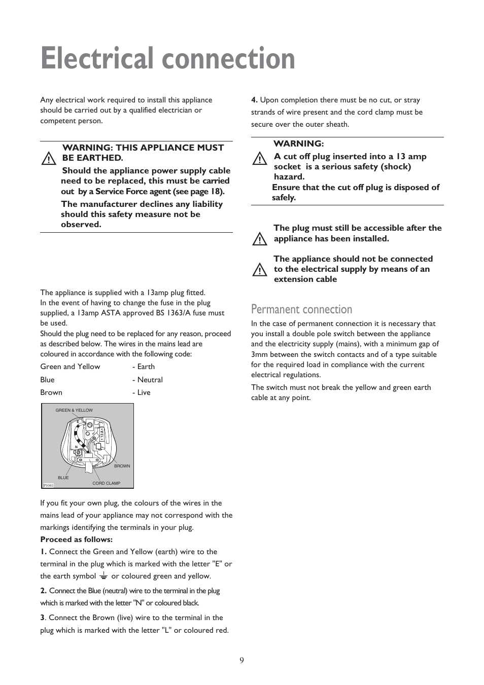 Electrical connection, Permanent connection | John Lewis JLFZW 1806 User Manual | Page 10 / 20