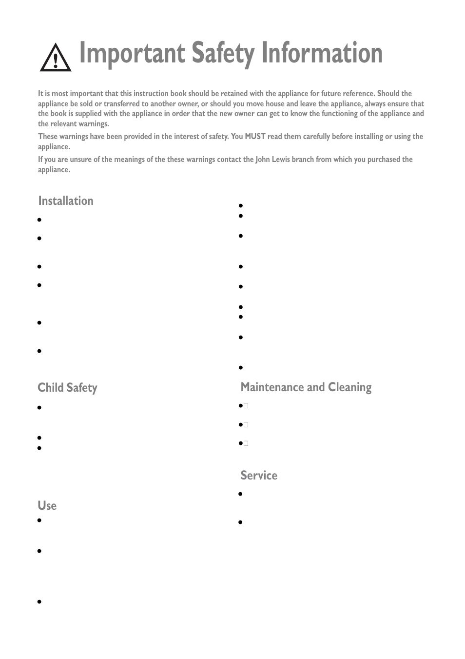Important safety information, Installation maintenance and cleaning use, Child safety service | John Lewis JLFZW 1806 User Manual | Page 2 / 20