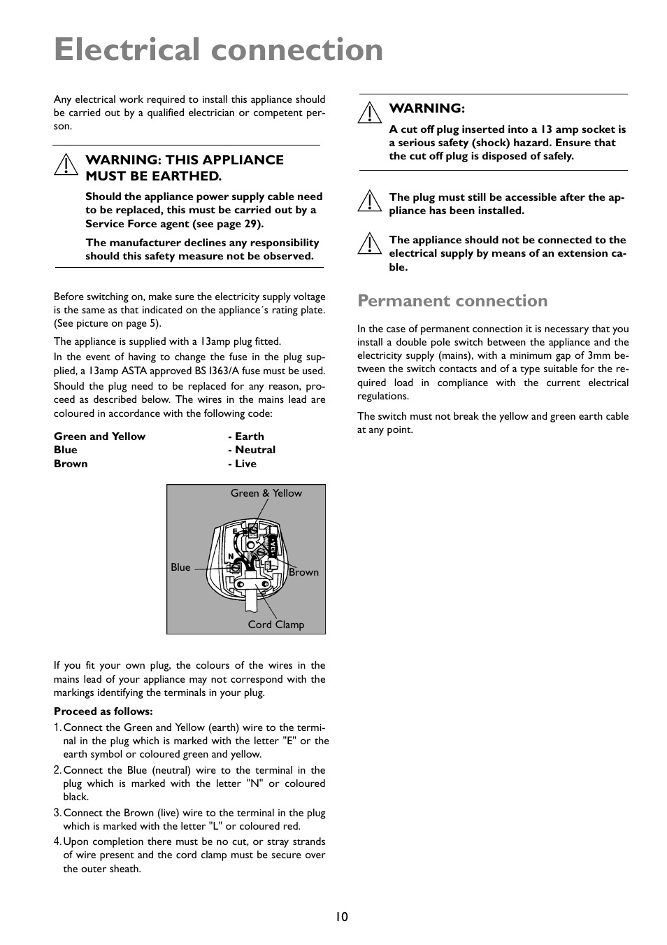 Electrical connection, Permanent connection | John Lewis JLDWW 1203 User Manual | Page 10 / 32