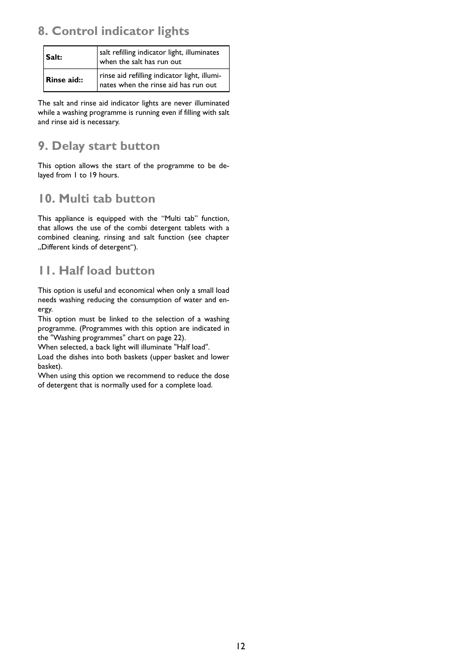 Control indicator lights, Delay start button, Multi tab button | Half load button | John Lewis JLDWW 1203 User Manual | Page 12 / 32