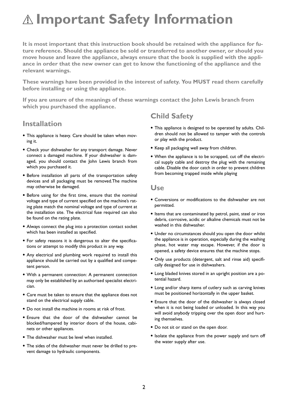 Important safety information, Installation, Child safety | John Lewis JLDWW 1203 User Manual | Page 2 / 32