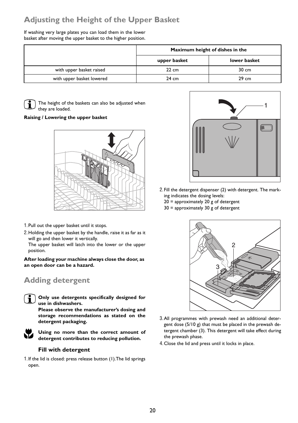 Adjusting the height of the upper basket, Adding detergent | John Lewis JLDWW 1203 User Manual | Page 20 / 32