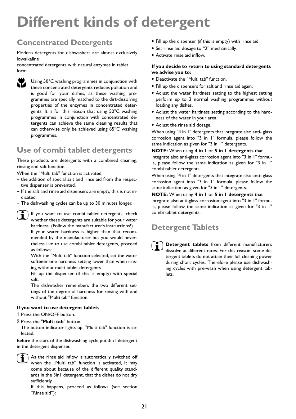 Different kinds of detergent, Concentrated detergents, Use of combi tablet detergents | Detergent tablets | John Lewis JLDWW 1203 User Manual | Page 21 / 32