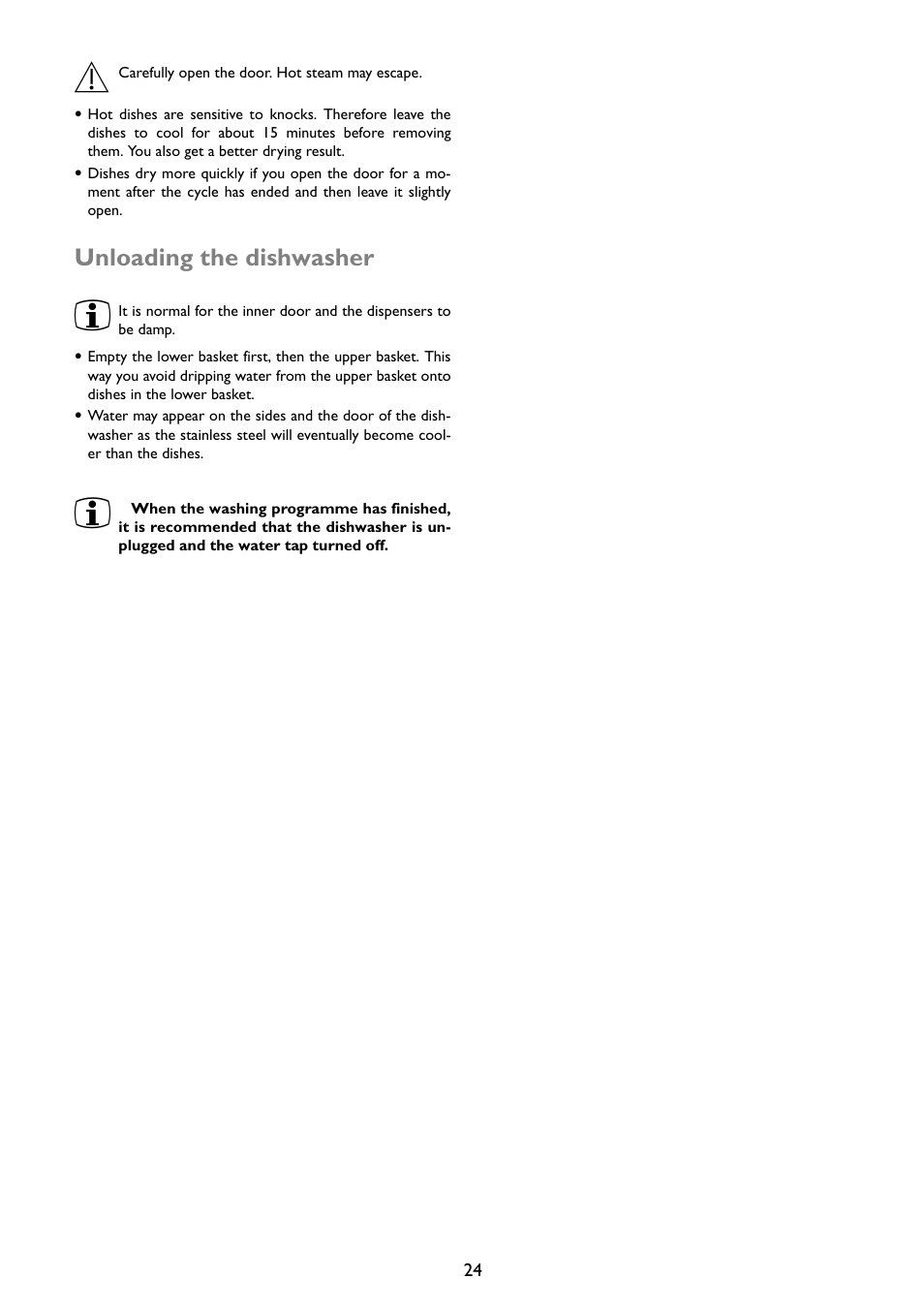 Unloading the dishwasher | John Lewis JLDWW 1203 User Manual | Page 24 / 32