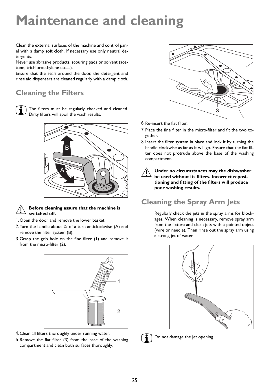 Maintenance and cleaning, Cleaning the filters, Cleaning the spray arm jets | John Lewis JLDWW 1203 User Manual | Page 25 / 32