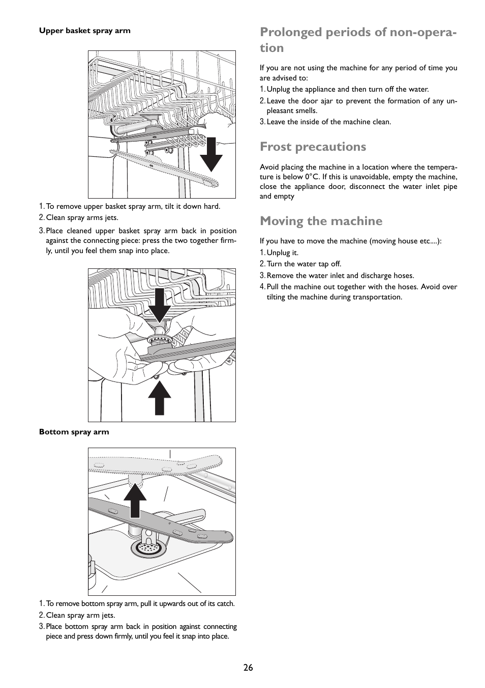 Prolonged periods of non-opera- tion, Frost precautions, Moving the machine | John Lewis JLDWW 1203 User Manual | Page 26 / 32