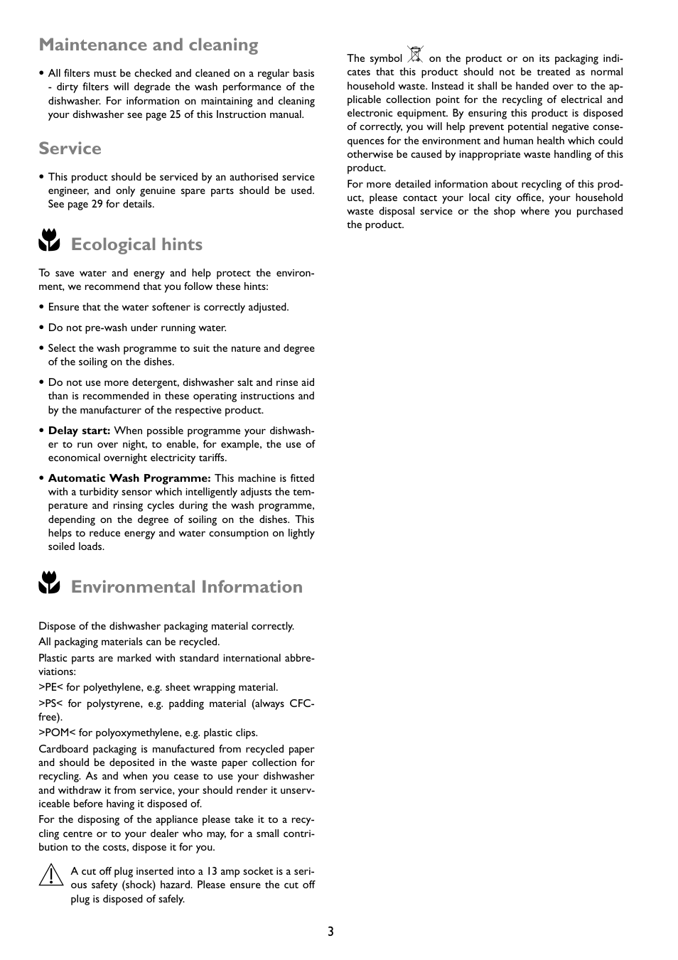 Maintenance and cleaning, Service, Ecological hints | Environmental information | John Lewis JLDWW 1203 User Manual | Page 3 / 32