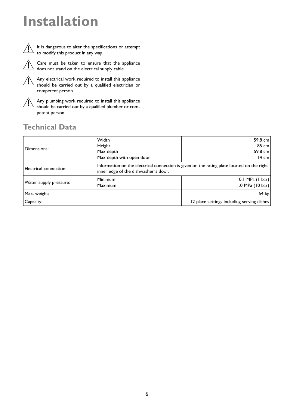 Installation, Technical data | John Lewis JLDWW 1203 User Manual | Page 6 / 32