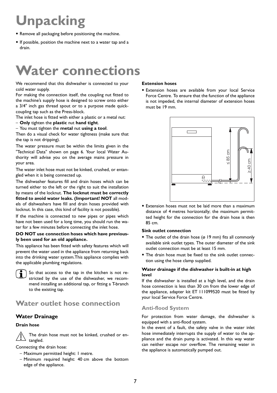 Unpacking, Water connections, Water outlet hose connection | John Lewis JLDWW 1203 User Manual | Page 7 / 32