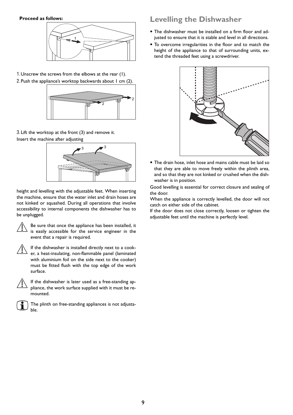 Levelling the dishwasher | John Lewis JLDWW 1203 User Manual | Page 9 / 32