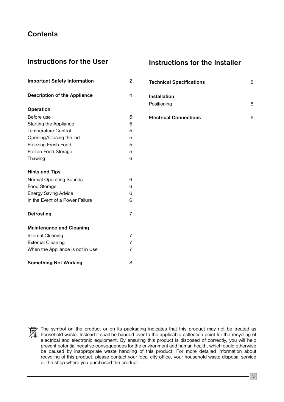 Contents instructions for the user, Instructions for the installer | John Lewis CFI 105 User Manual | Page 3 / 12