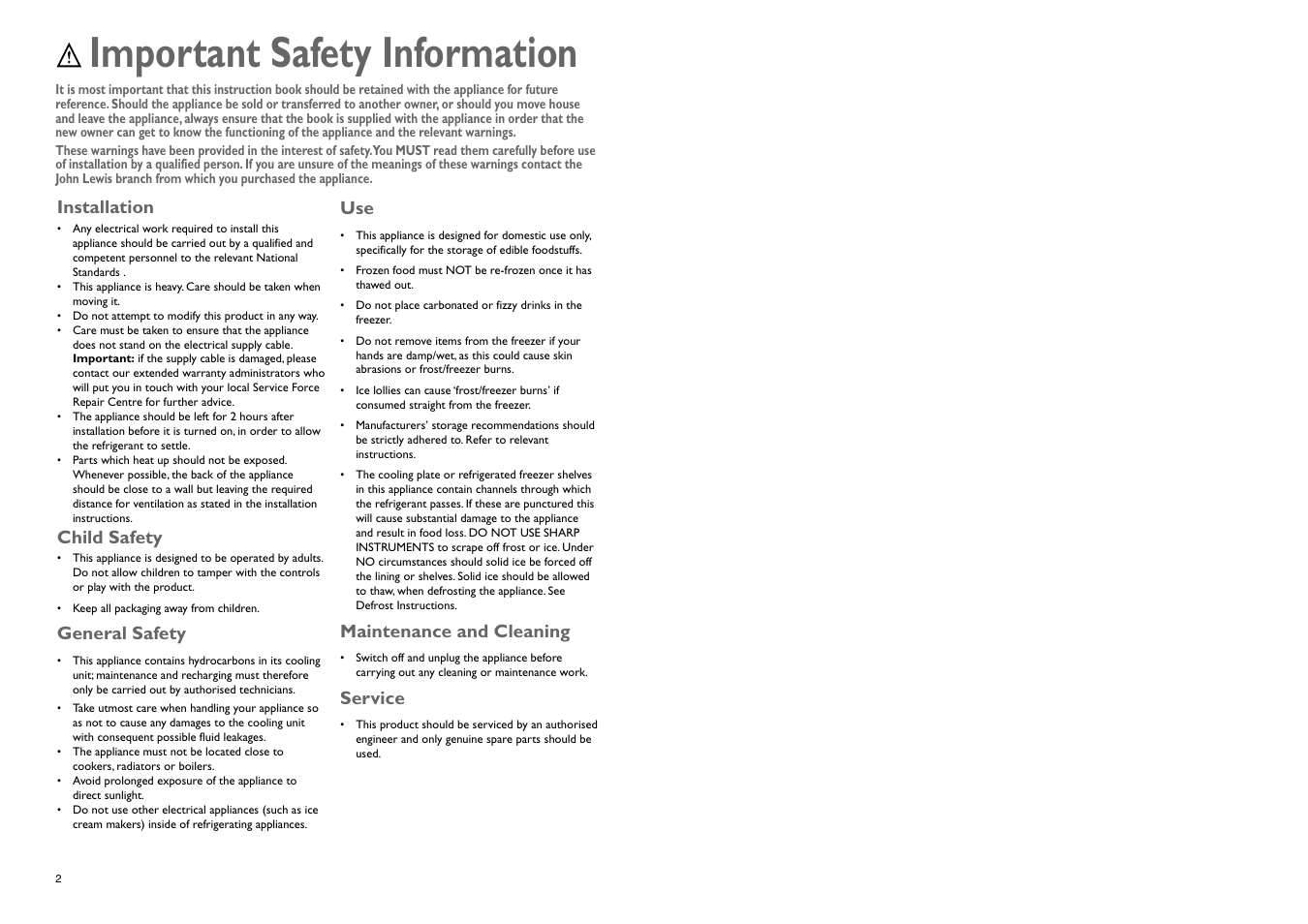 Important safety information, Installation, Child safety | General safety, Maintenance and cleaning, Service | John Lewis JLBILIC02 User Manual | Page 2 / 10