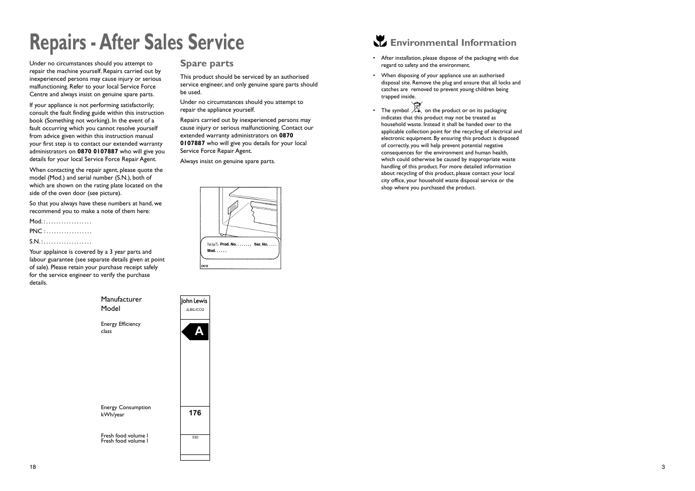 Repairs - after sales service, Environmental information, Spare parts | John Lewis JLBILIC02 User Manual | Page 3 / 10