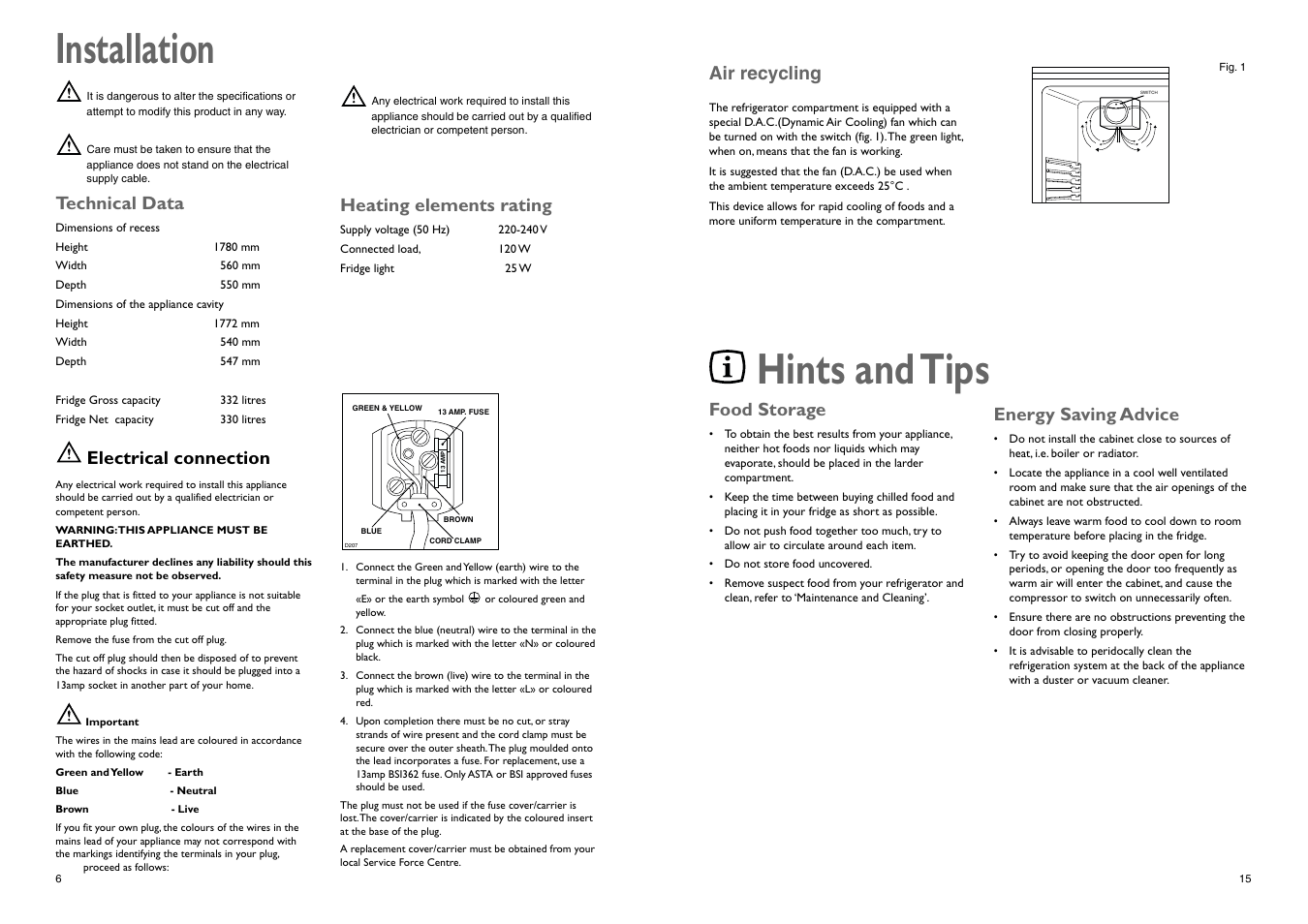 Installation, Hints and tips, Electrical connection | Technical data, Heating elements rating, Air recycling, Food storage, Energy saving advice | John Lewis JLBILIC02 User Manual | Page 6 / 10