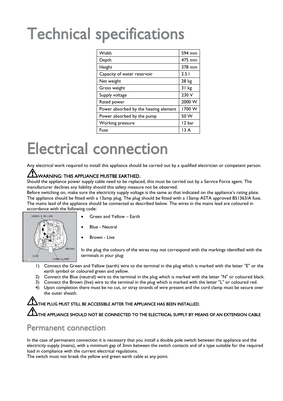 Permanent connection, Technical specifications, Electrical connection | John Lewis JLBICM 01 User Manual | Page 11 / 32