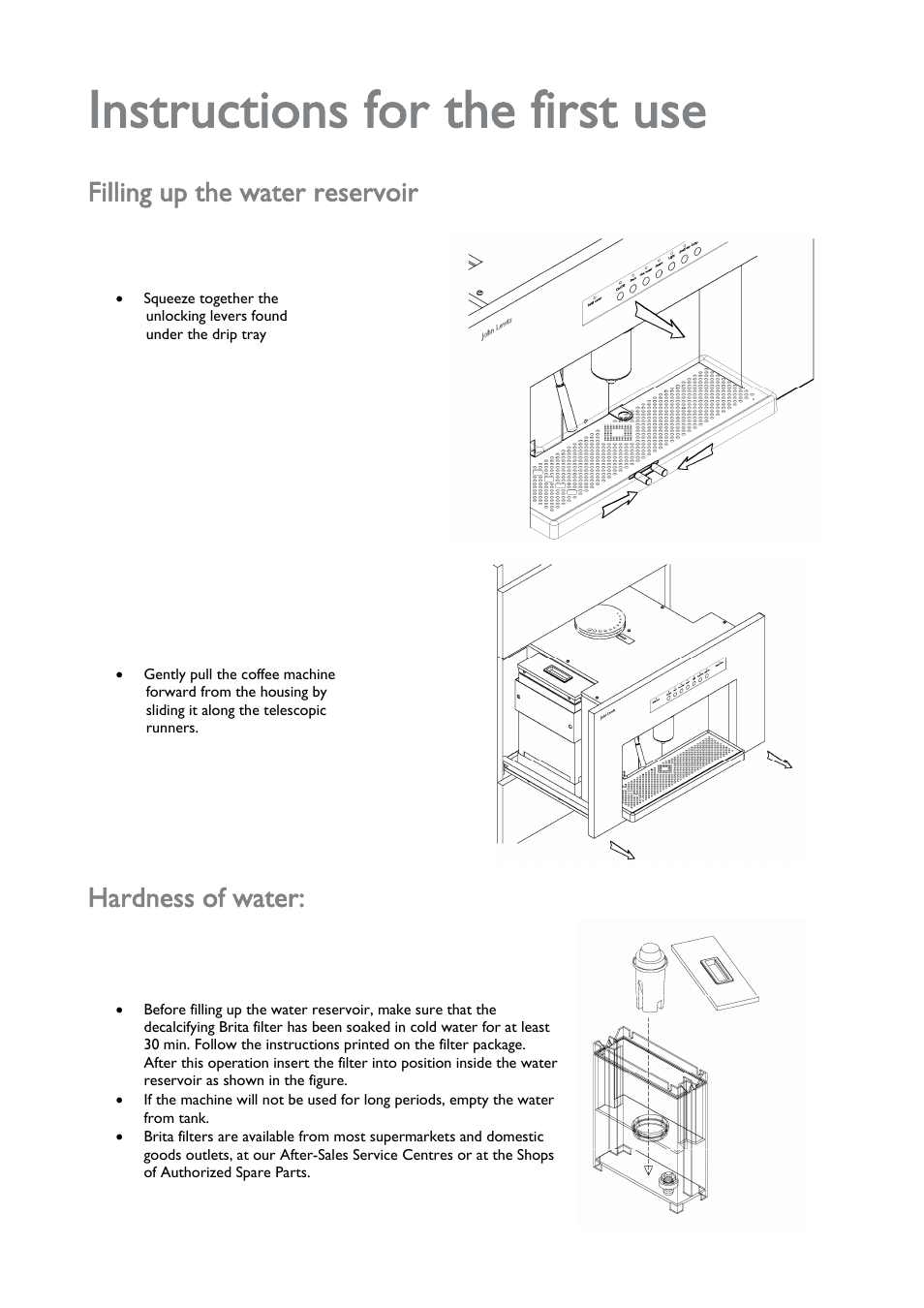 Filling up the water reservoir, Hardness of water, Instructions for the first use | John Lewis JLBICM 01 User Manual | Page 13 / 32