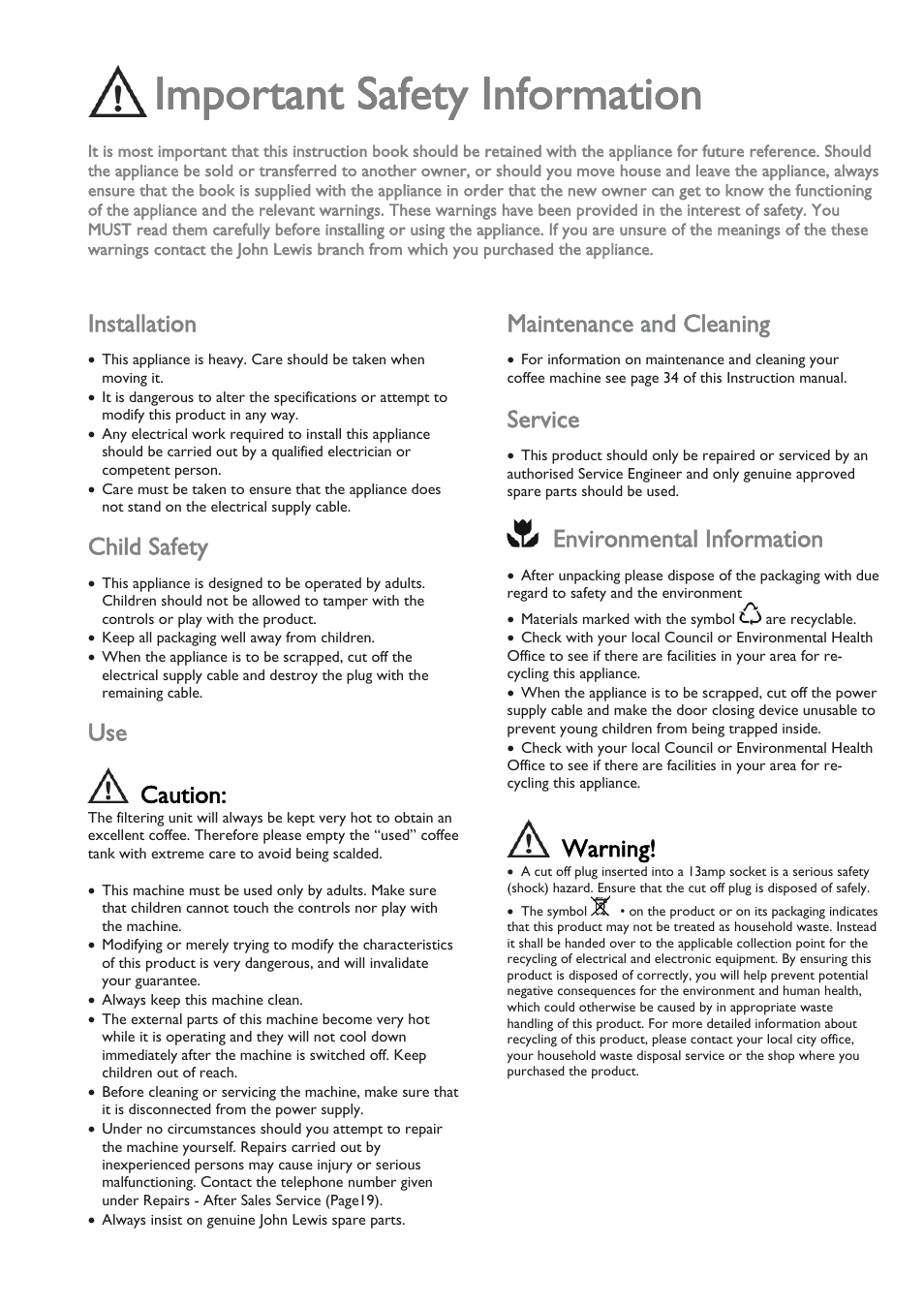 Important safety information, Installation, Child safety | Caution, Maintenance and cleaning, Service, Environmental information, Warning | John Lewis JLBICM 01 User Manual | Page 3 / 32