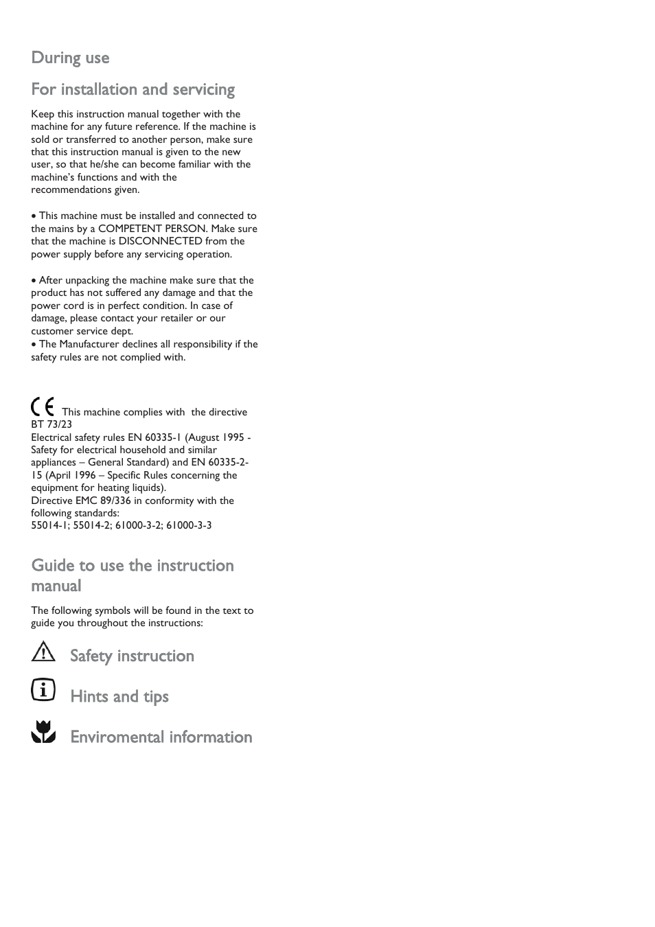 During use, For installation and servicing, Guide to use the instruction manual | Safety instruction, Hints and tips, Enviromental information | John Lewis JLBICM 01 User Manual | Page 4 / 32