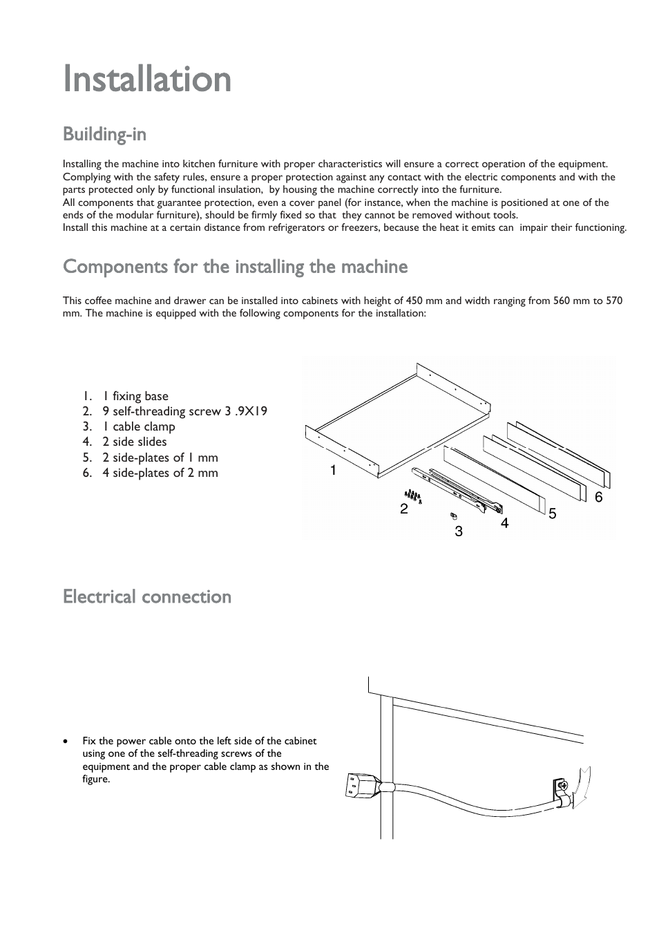 Building-in, Components for the installing the machine, Electrical connection | Installation | John Lewis JLBICM 01 User Manual | Page 7 / 32