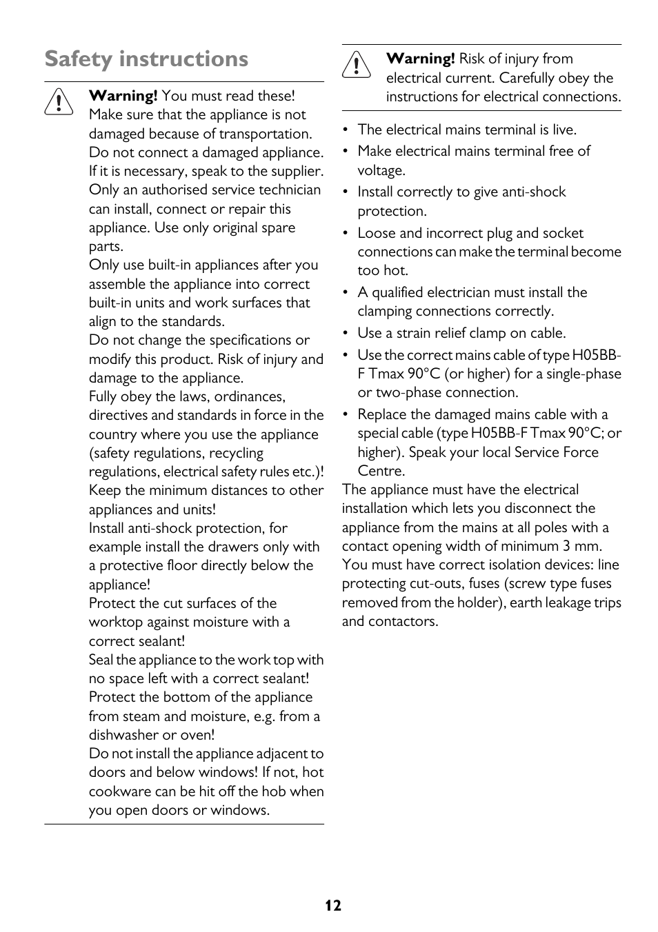 Safety instructions | John Lewis JLBICH605 User Manual | Page 12 / 16