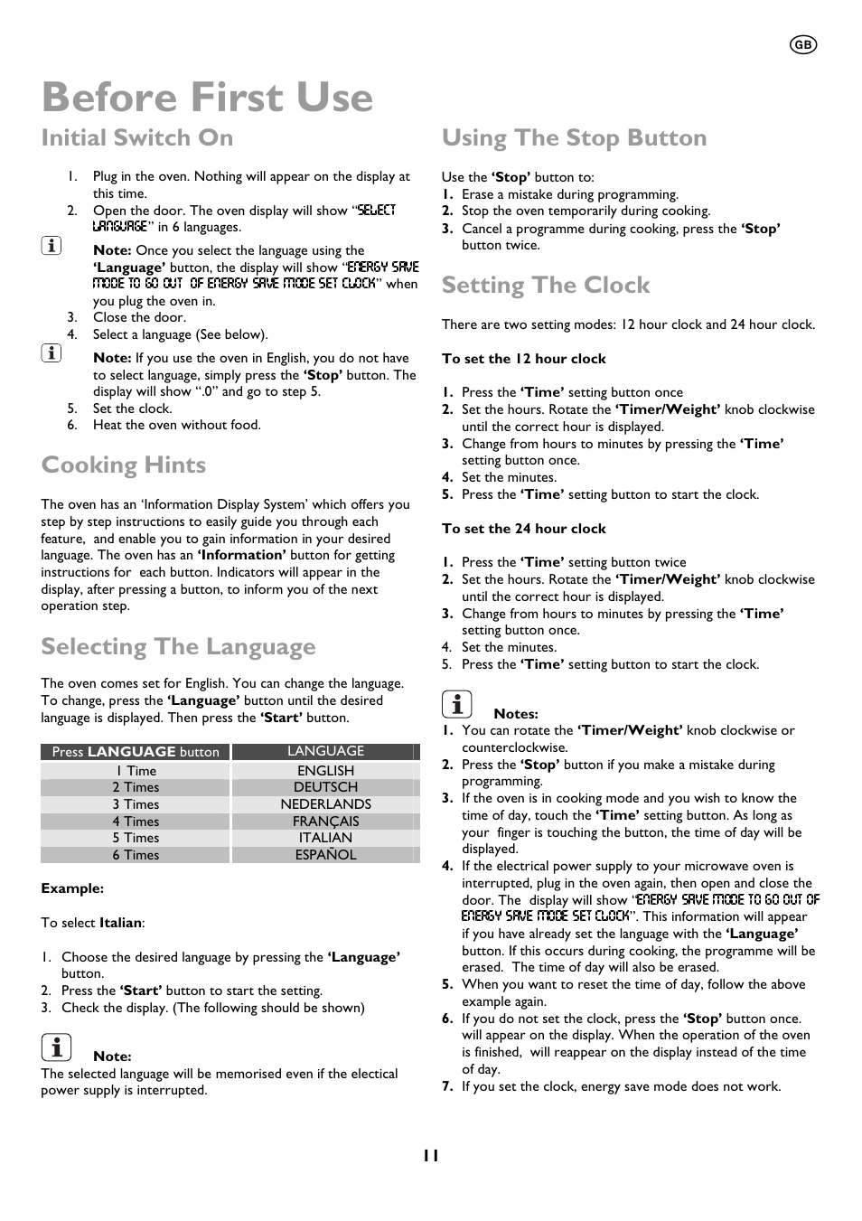 Before first use, Initial switch on, Cooking hints | Selecting the language, Using the stop button, Setting the clock | John Lewis JLBIMW01 User Manual | Page 11 / 28