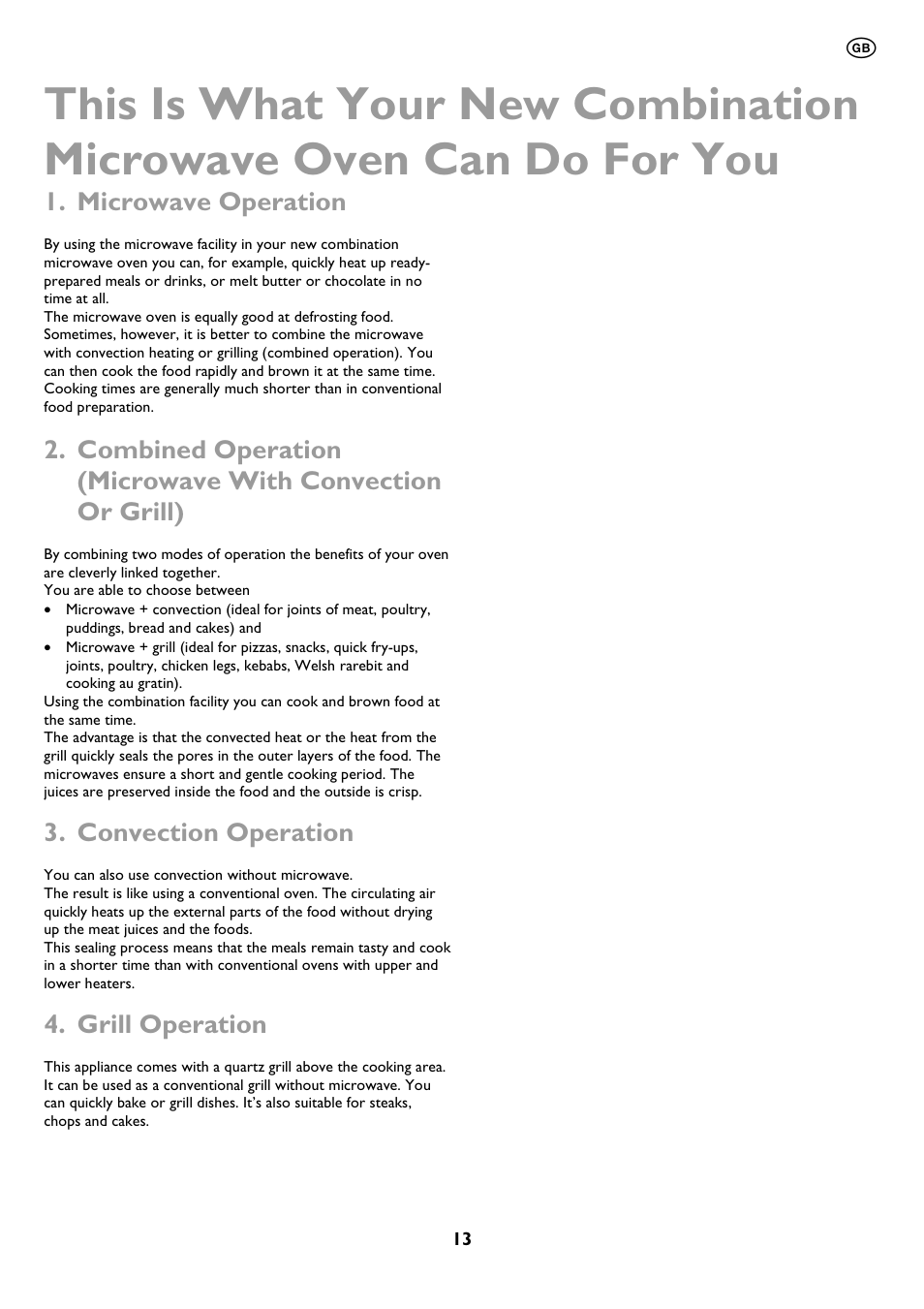 Microwave operation, Convection operation, Grill operation | John Lewis JLBIMW01 User Manual | Page 13 / 28