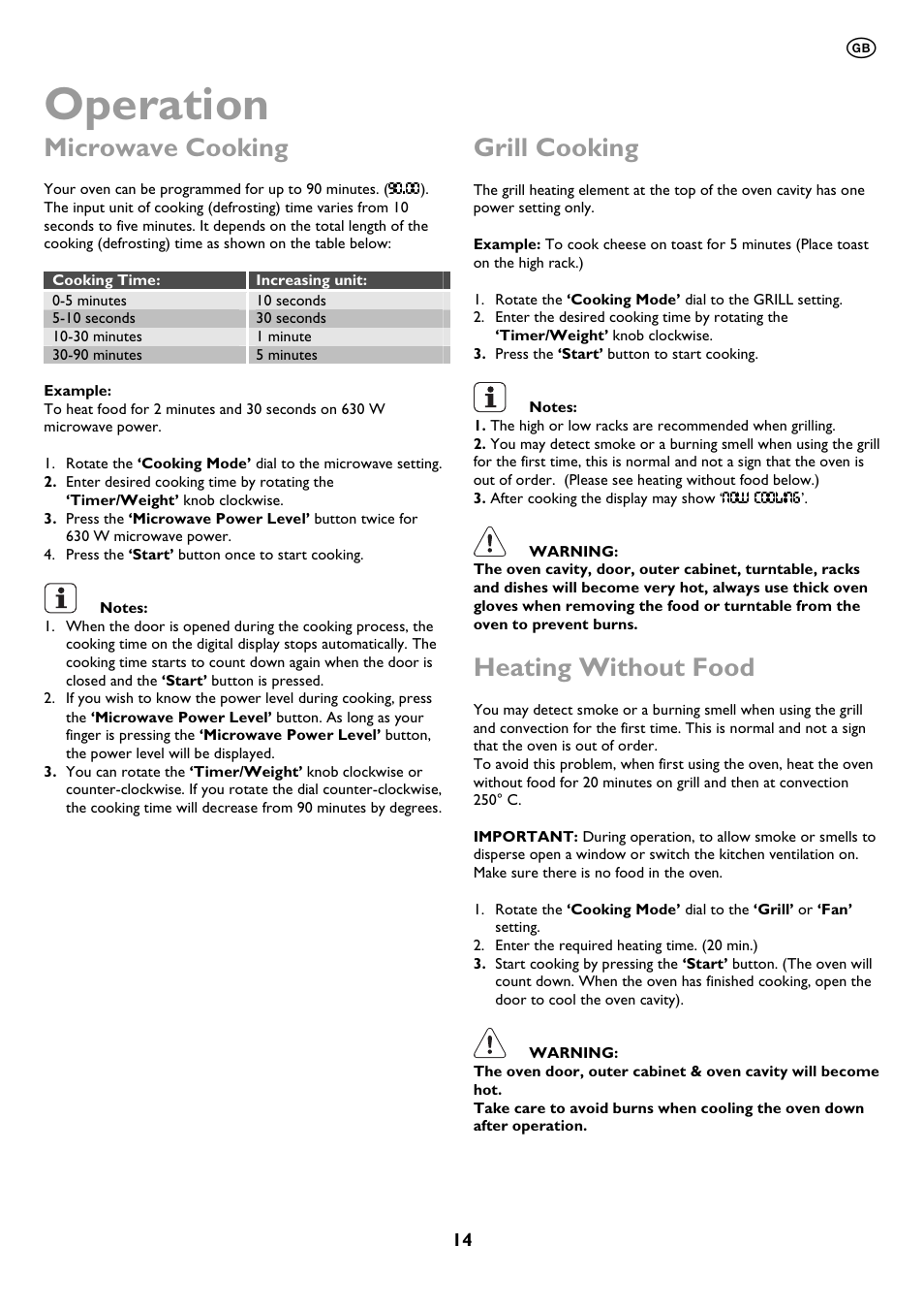 Operation, Microwave cooking, Grill cooking | Heating without food | John Lewis JLBIMW01 User Manual | Page 14 / 28