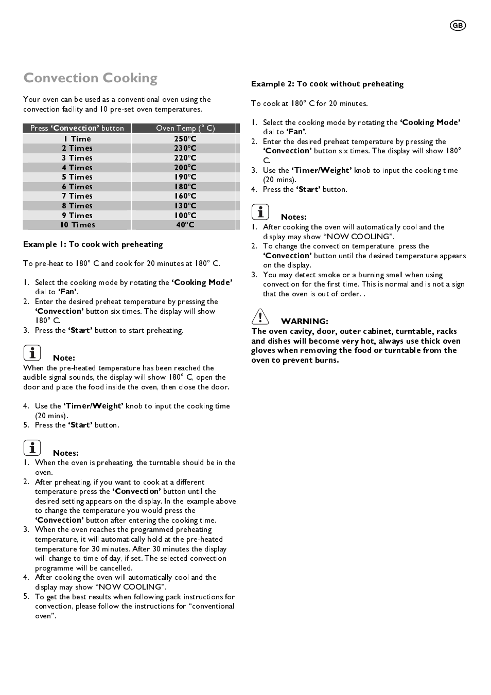 Convection cooking, Convection, 1 time 250 | C2 times 230, C3 times 220, C4 times 200, C5 times 190, C6 times 180, C7 times 160, C8 times 130 | John Lewis JLBIMW01 User Manual | Page 15 / 28