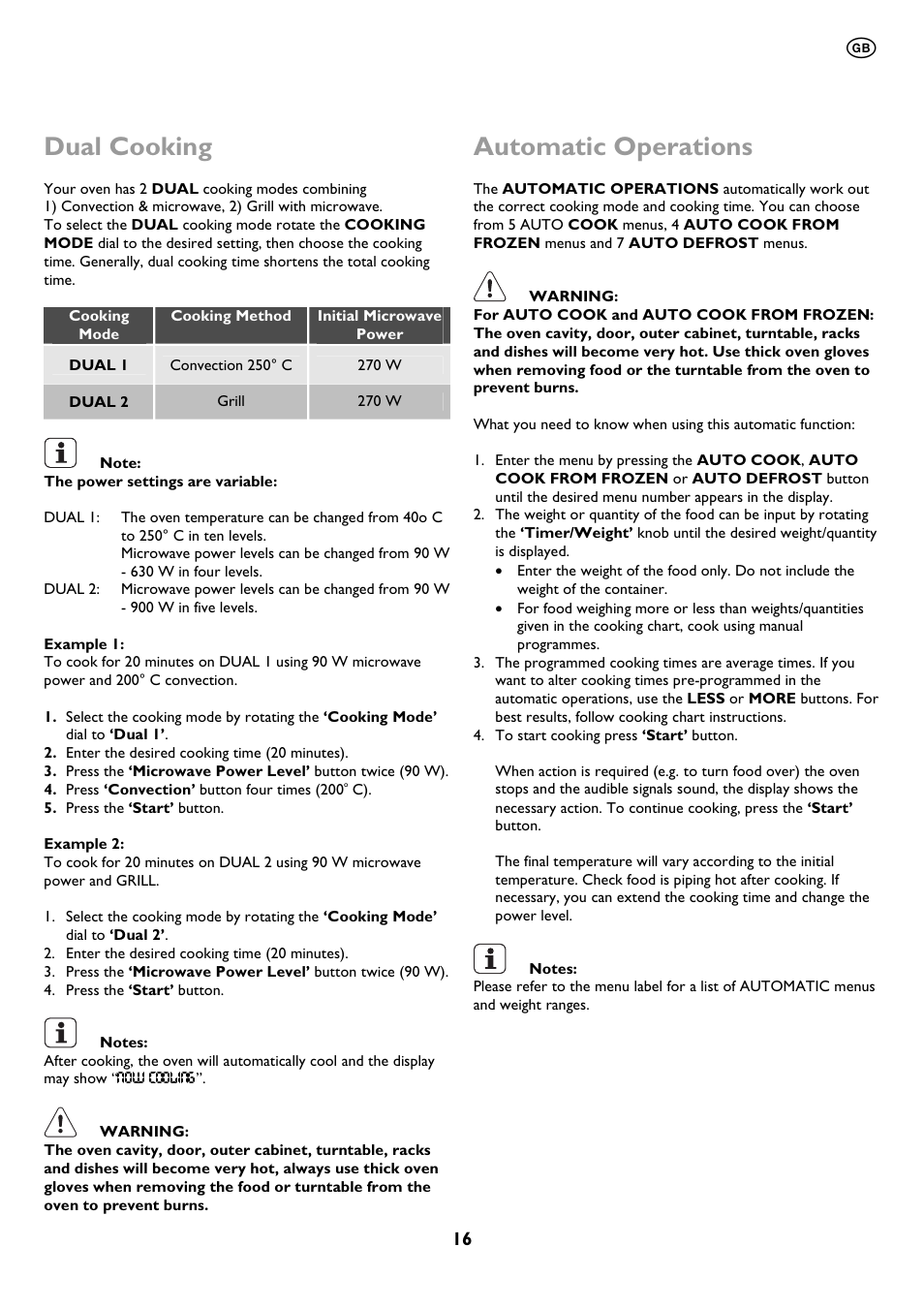 Dual cooking, Automatic operations | John Lewis JLBIMW01 User Manual | Page 16 / 28