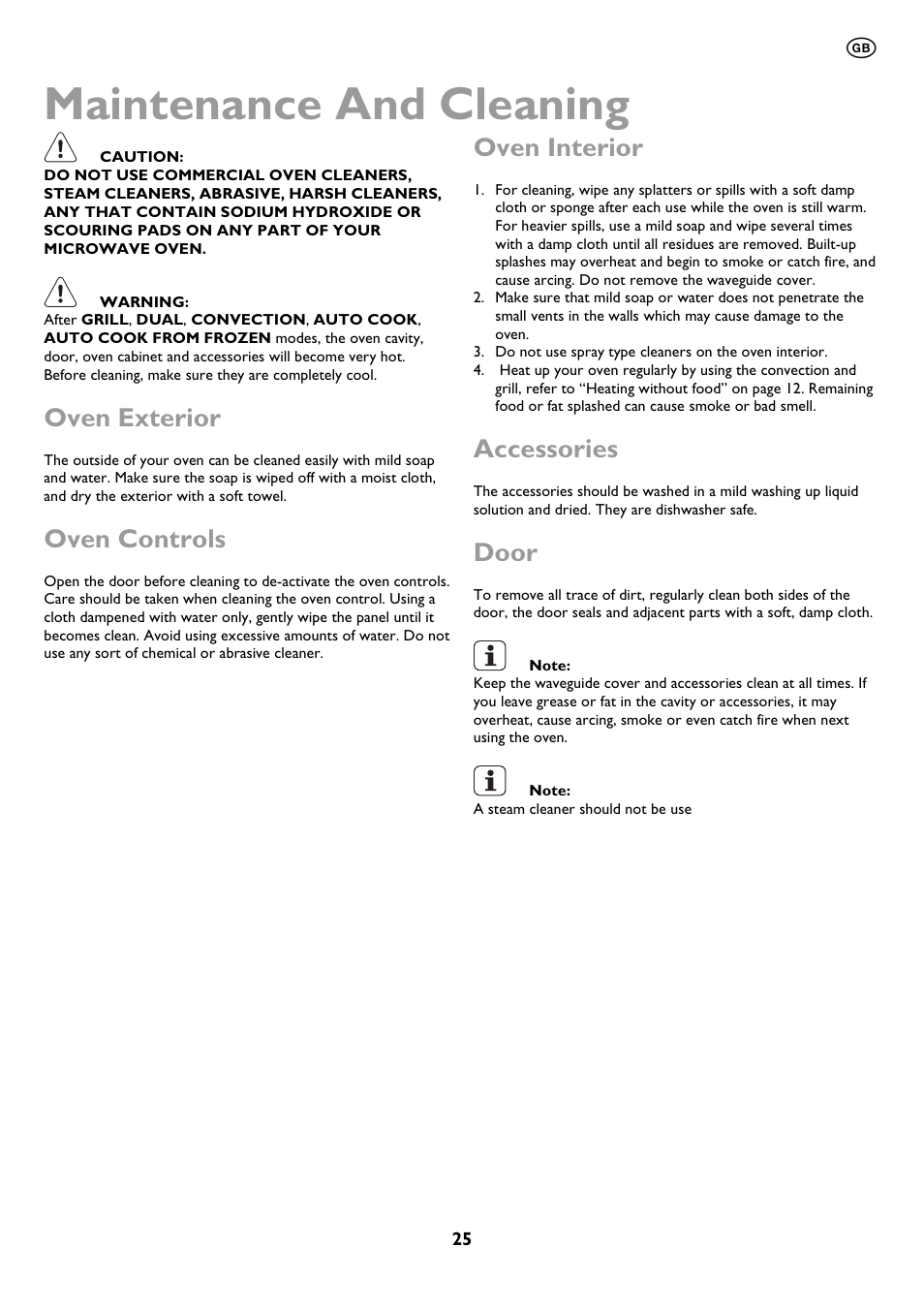 Maintenance and cleaning, Oven exterior, Oven controls | Oven interior, Accessories, Door | John Lewis JLBIMW01 User Manual | Page 25 / 28