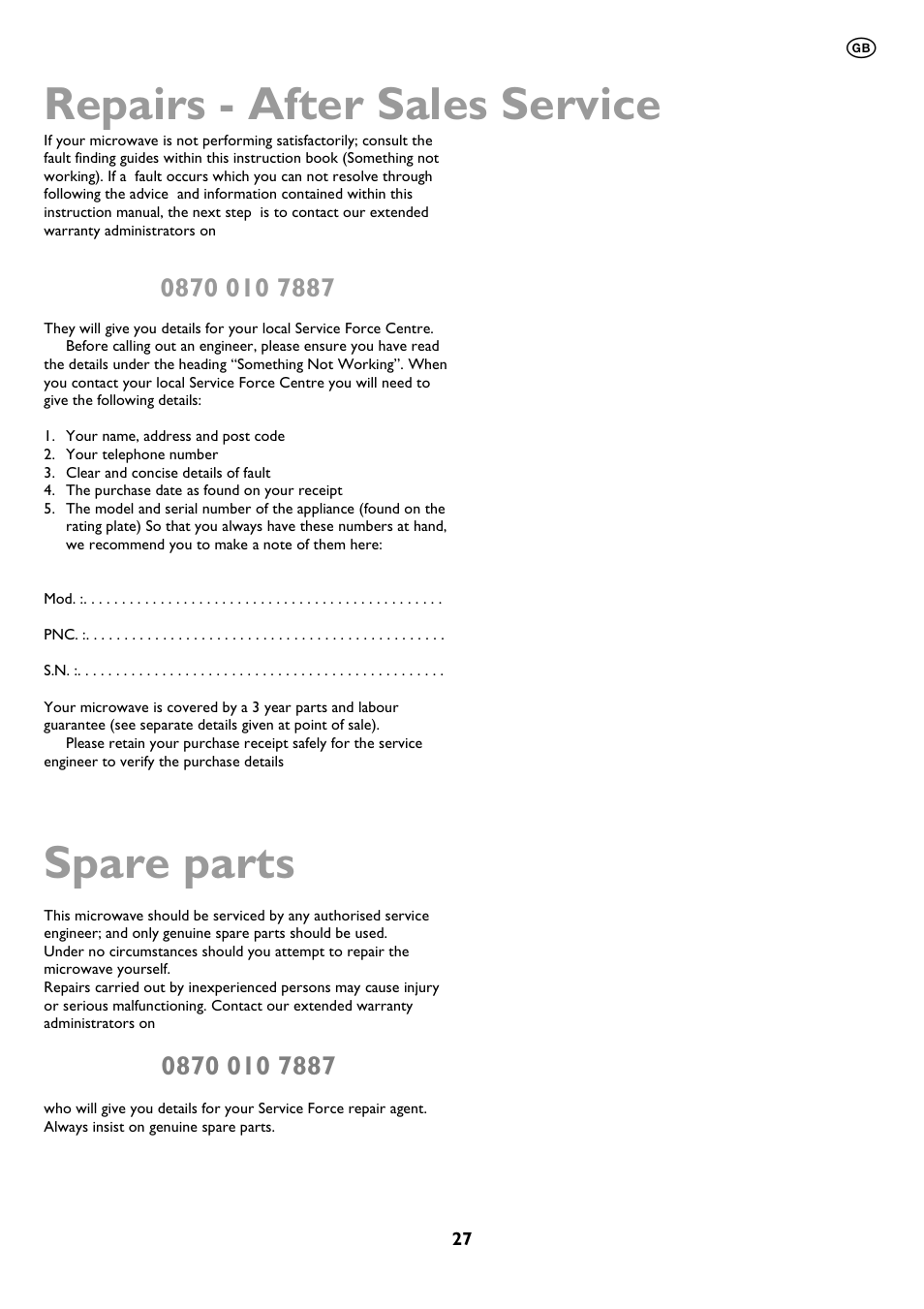 Repairs - after sales service, Spare parts | John Lewis JLBIMW01 User Manual | Page 27 / 28