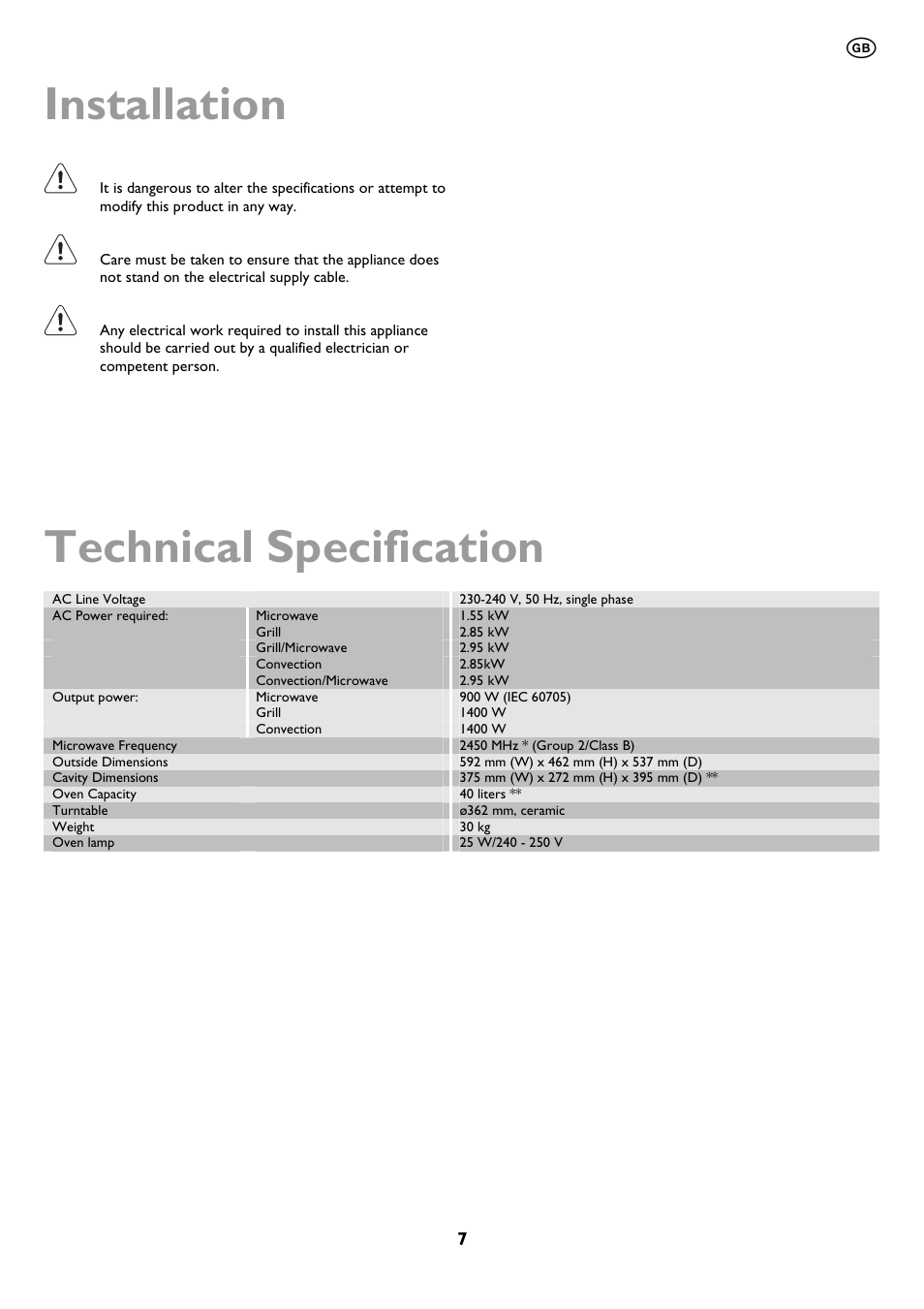 Installation, Technical specification | John Lewis JLBIMW01 User Manual | Page 7 / 28