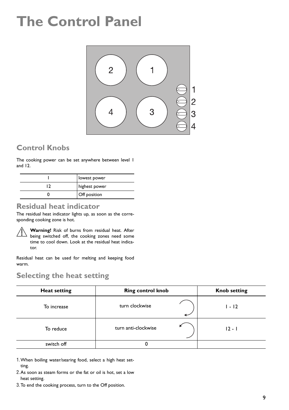 The control panel, Control knobs, Residual heat indicator | Selecting the heat setting | John Lewis JLBICH601 User Manual | Page 9 / 16
