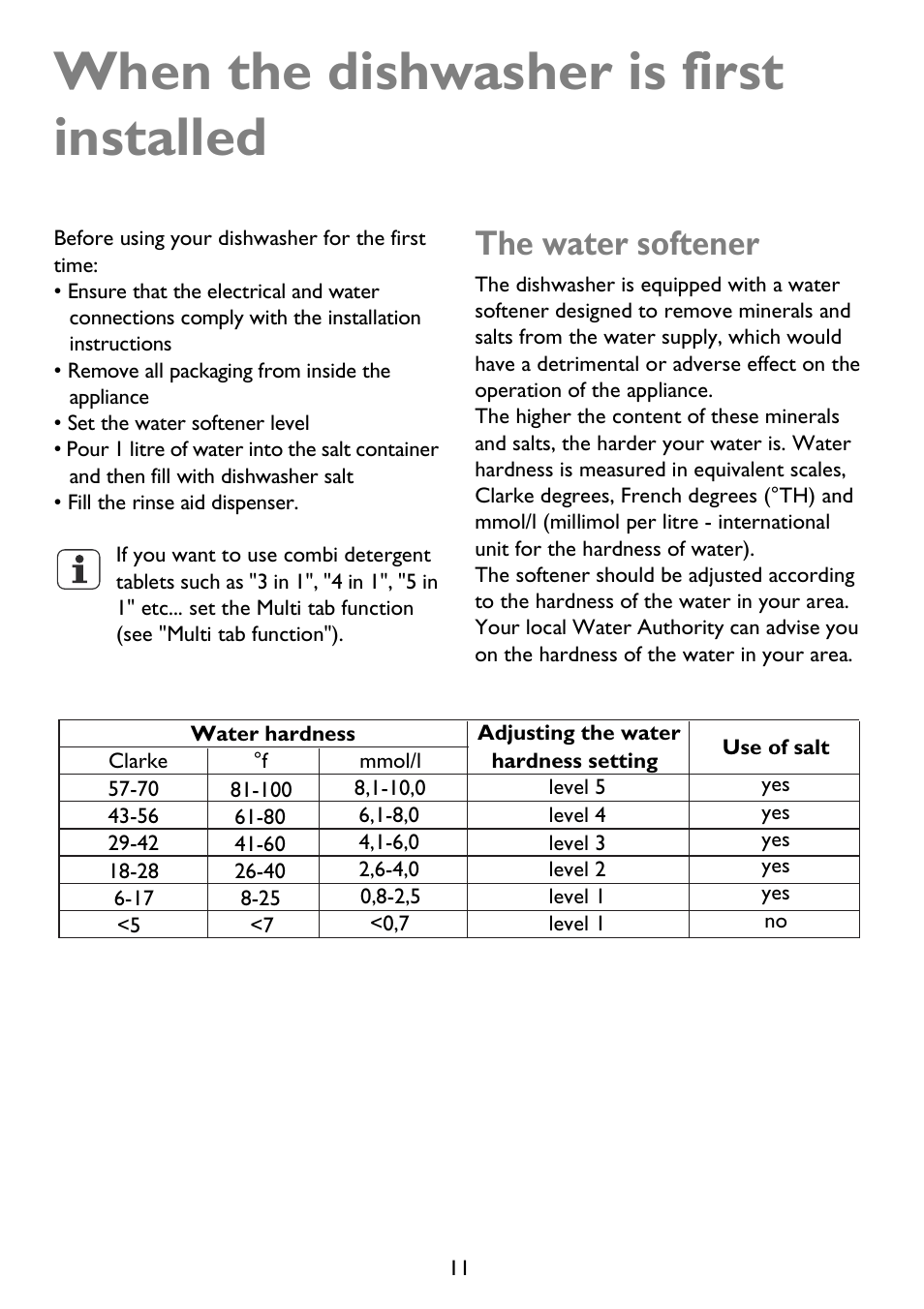 When the dishwasher is first installed, The water softener | John Lewis JLDWS 907 User Manual | Page 11 / 32