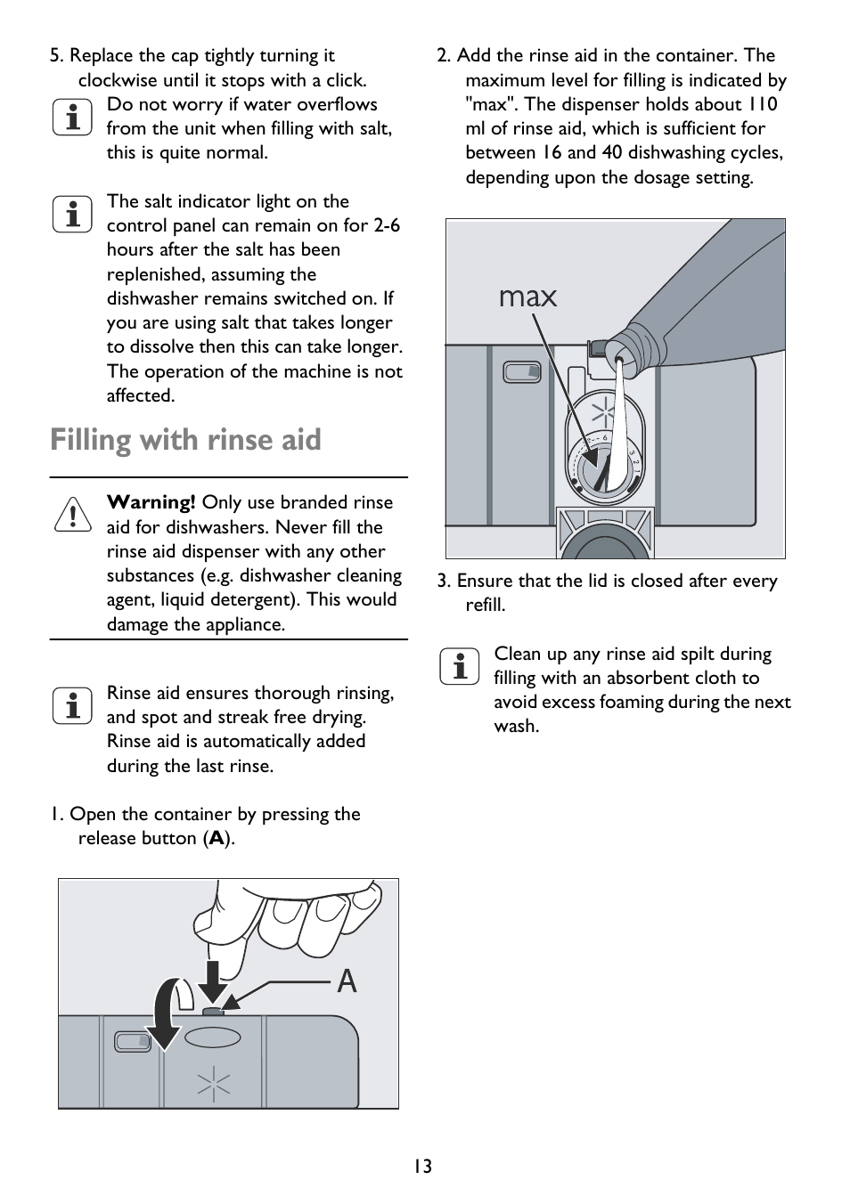 Filling with rinse aid | John Lewis JLDWS 907 User Manual | Page 13 / 32