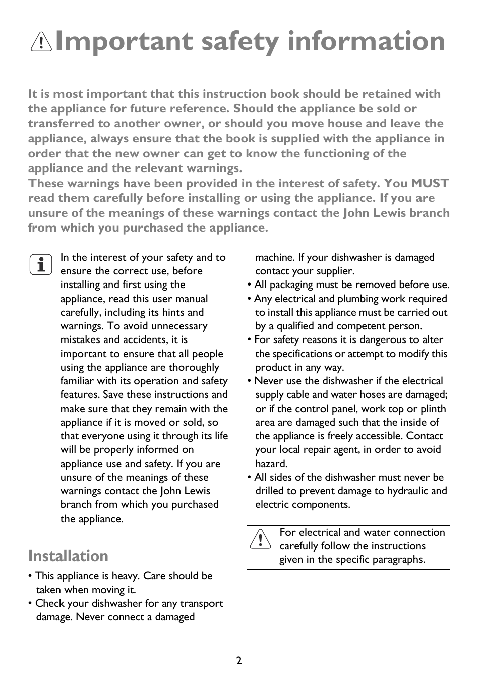 Important safety information, Installation | John Lewis JLDWS 907 User Manual | Page 2 / 32