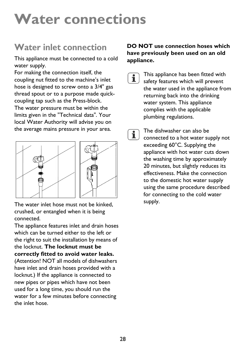 Water connections, Water inlet connection | John Lewis JLDWS 907 User Manual | Page 28 / 32