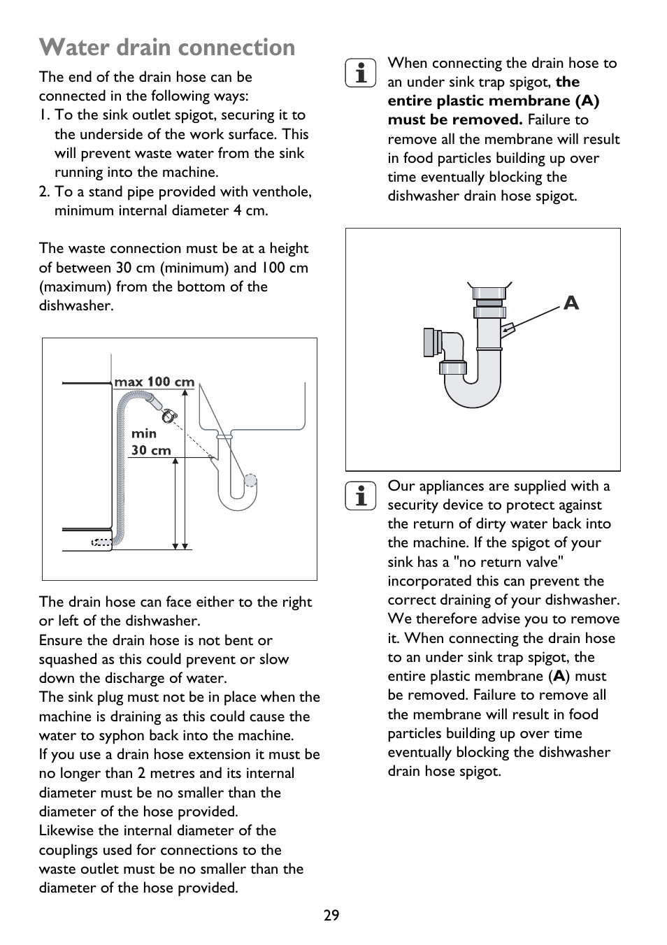 Water drain connection | John Lewis JLDWS 907 User Manual | Page 29 / 32