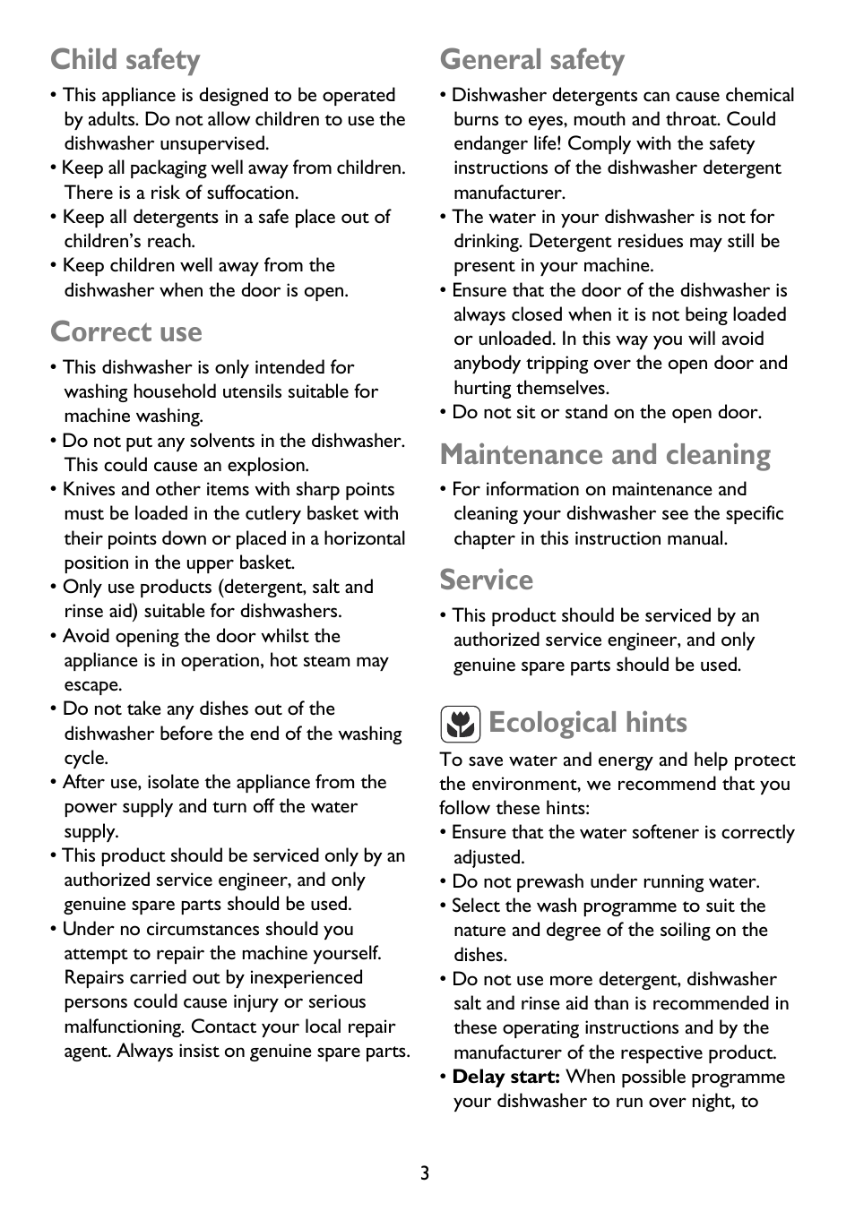 Child safety, Correct use, General safety | Maintenance and cleaning, Service, Ecological hints | John Lewis JLDWS 907 User Manual | Page 3 / 32