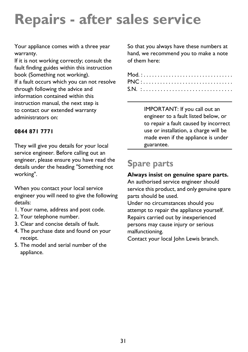 Repairs - after sales service, Spare parts | John Lewis JLDWS 907 User Manual | Page 31 / 32