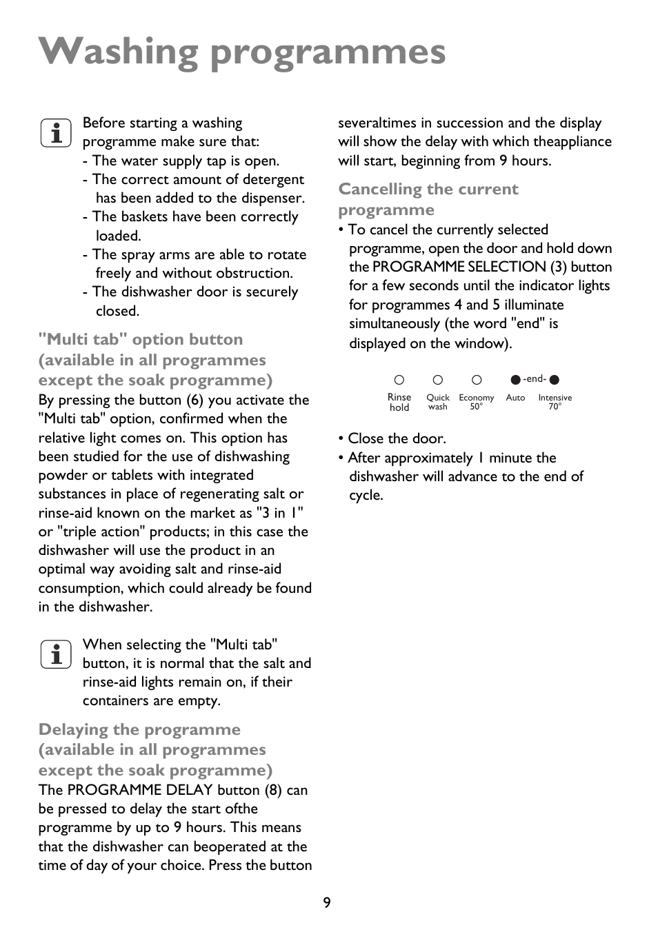 Washing programmes, Cancelling the current programme | John Lewis JLDWS 907 User Manual | Page 9 / 32