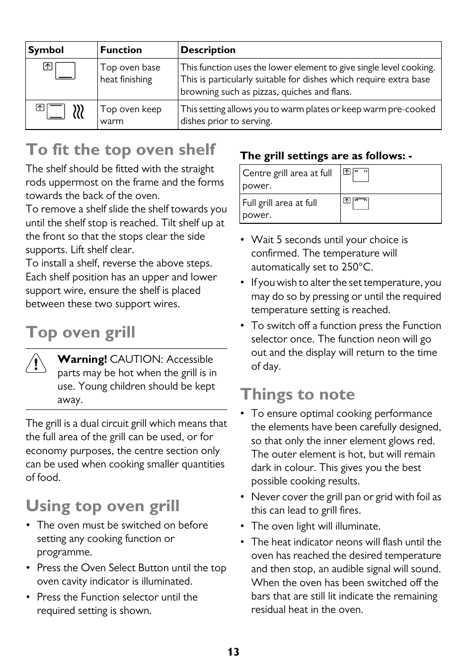 Top oven grill, Using top oven grill | John Lewis JLBIDO911 User Manual | Page 13 / 48