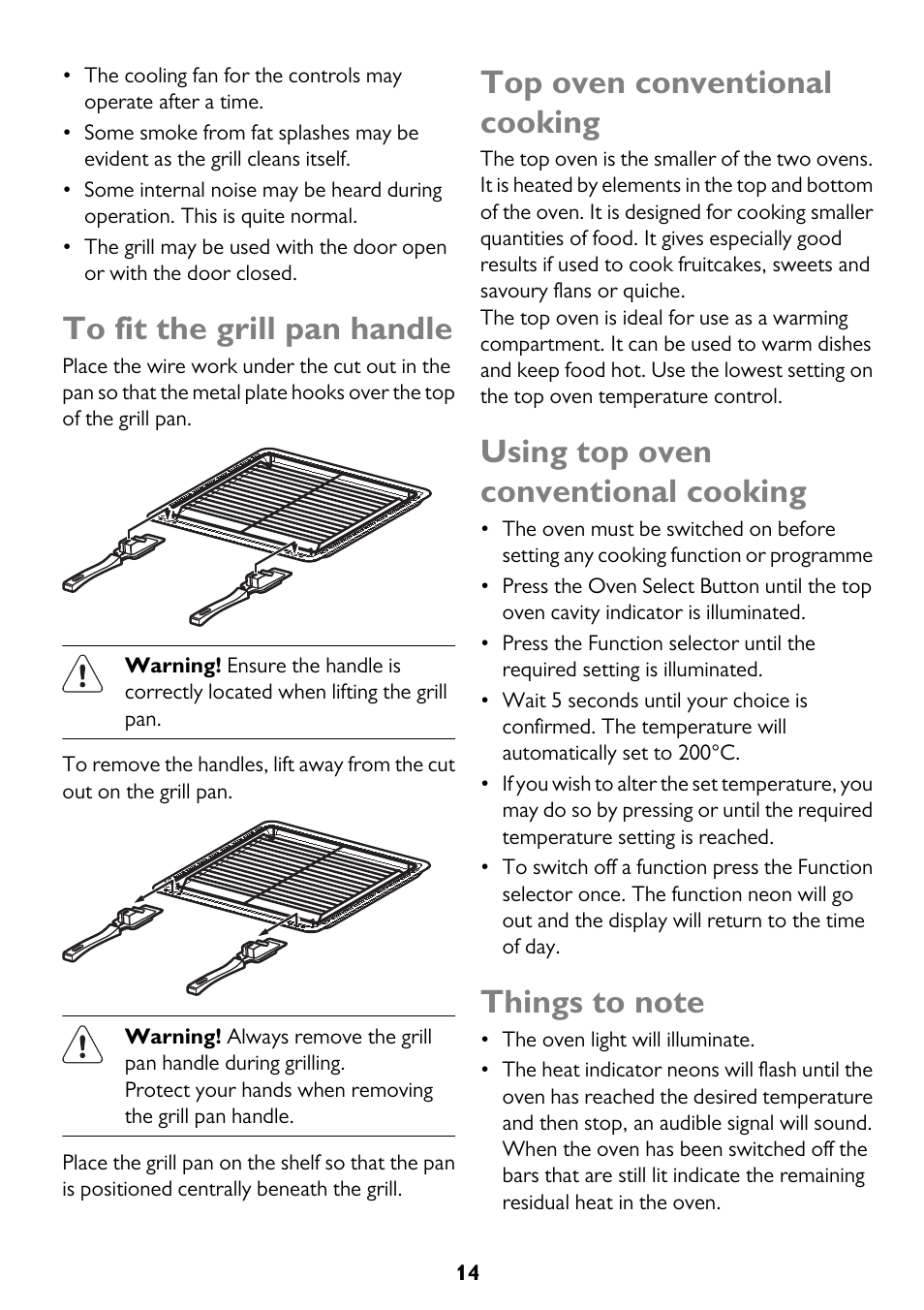 Top oven conventional cooking, Using top oven conventional cooking | John Lewis JLBIDO911 User Manual | Page 14 / 48