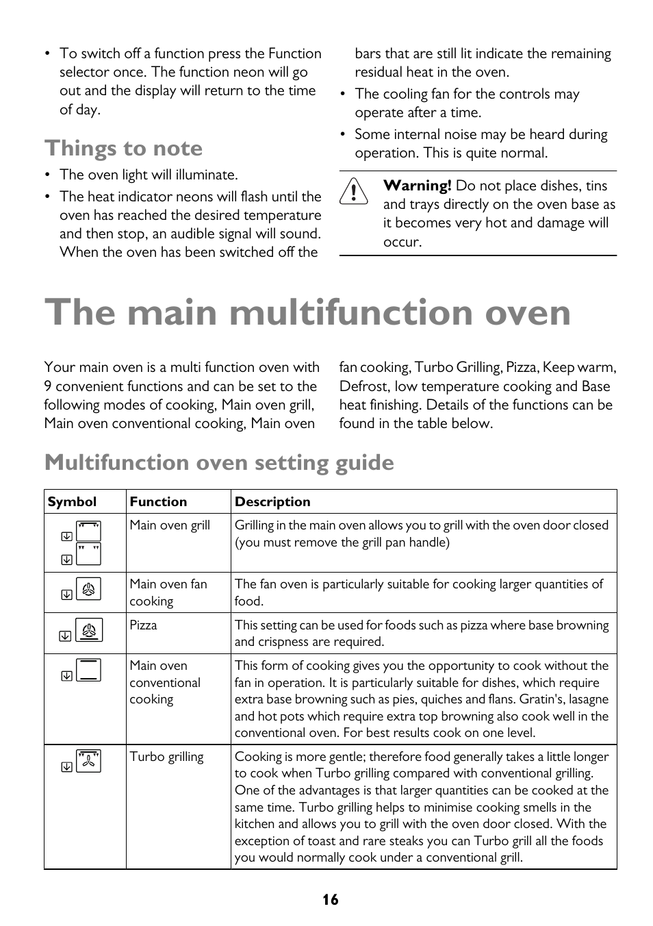 The main multifunction oven, Multifunction oven setting guide | John Lewis JLBIDO911 User Manual | Page 16 / 48