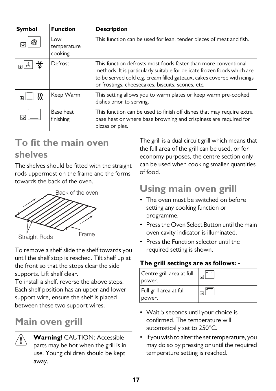 Main oven grill, Using main oven grill | John Lewis JLBIDO911 User Manual | Page 17 / 48