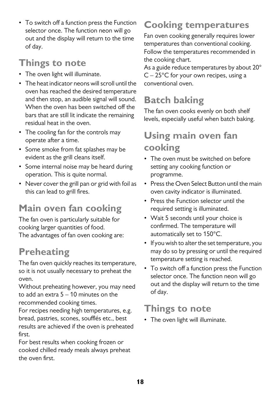 Main oven fan cooking, Preheating, Cooking temperatures | Batch baking, Using main oven fan cooking | John Lewis JLBIDO911 User Manual | Page 18 / 48