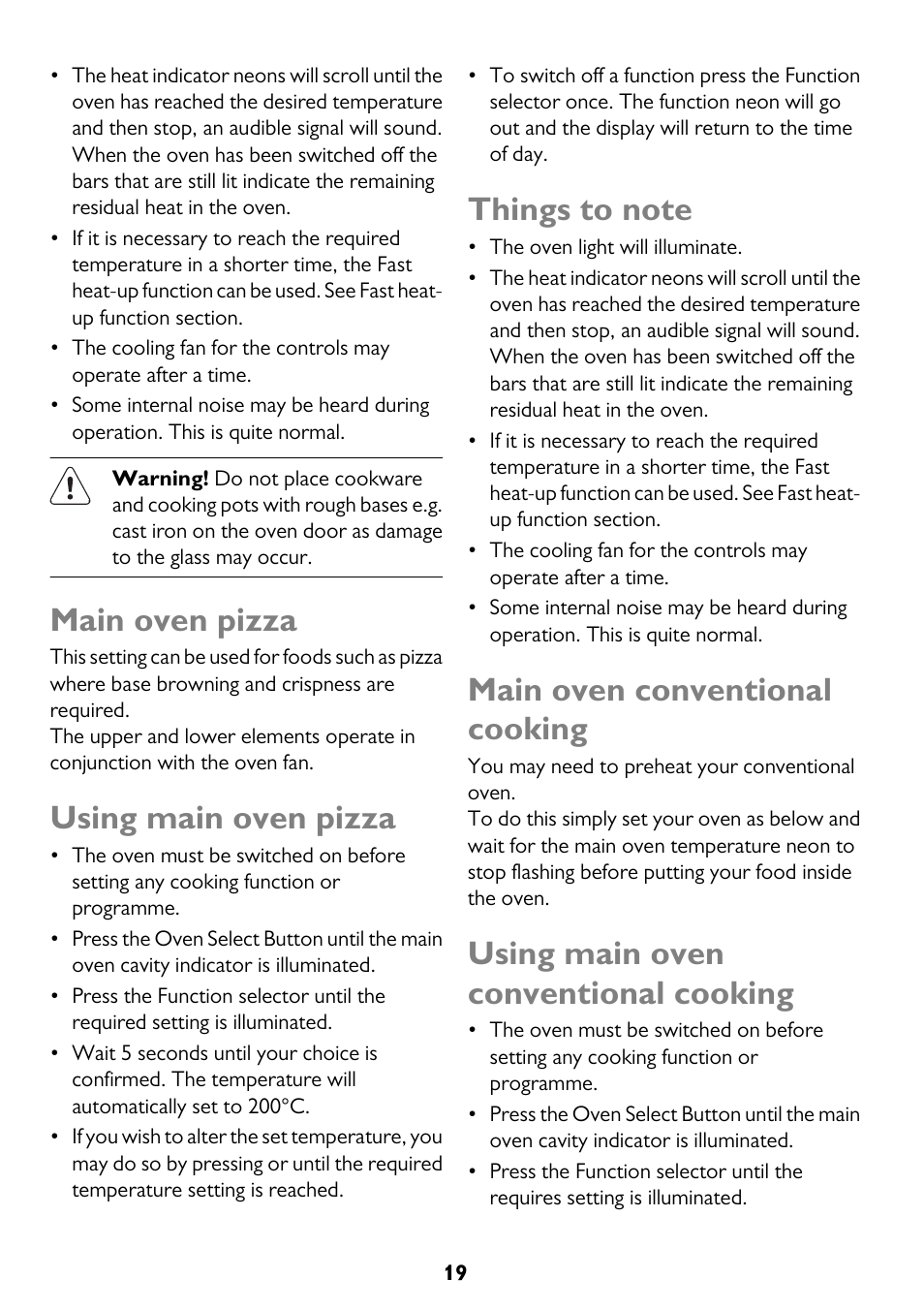 Main oven pizza, Using main oven pizza, Main oven conventional cooking | Using main oven conventional cooking | John Lewis JLBIDO911 User Manual | Page 19 / 48