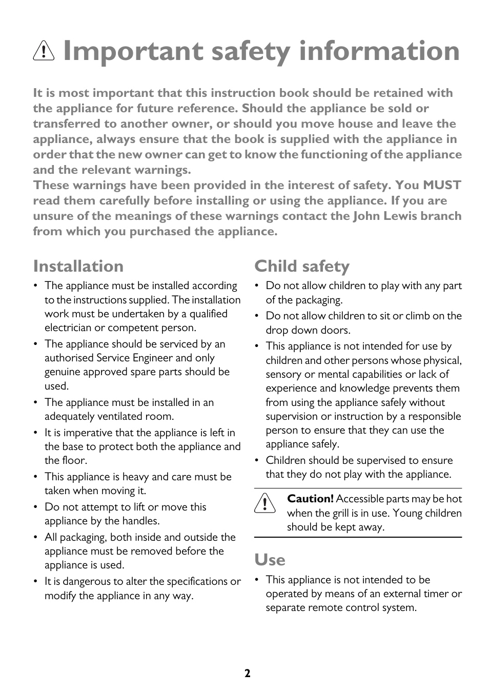 Important safety information, Installation, Child safety | John Lewis JLBIDO911 User Manual | Page 2 / 48